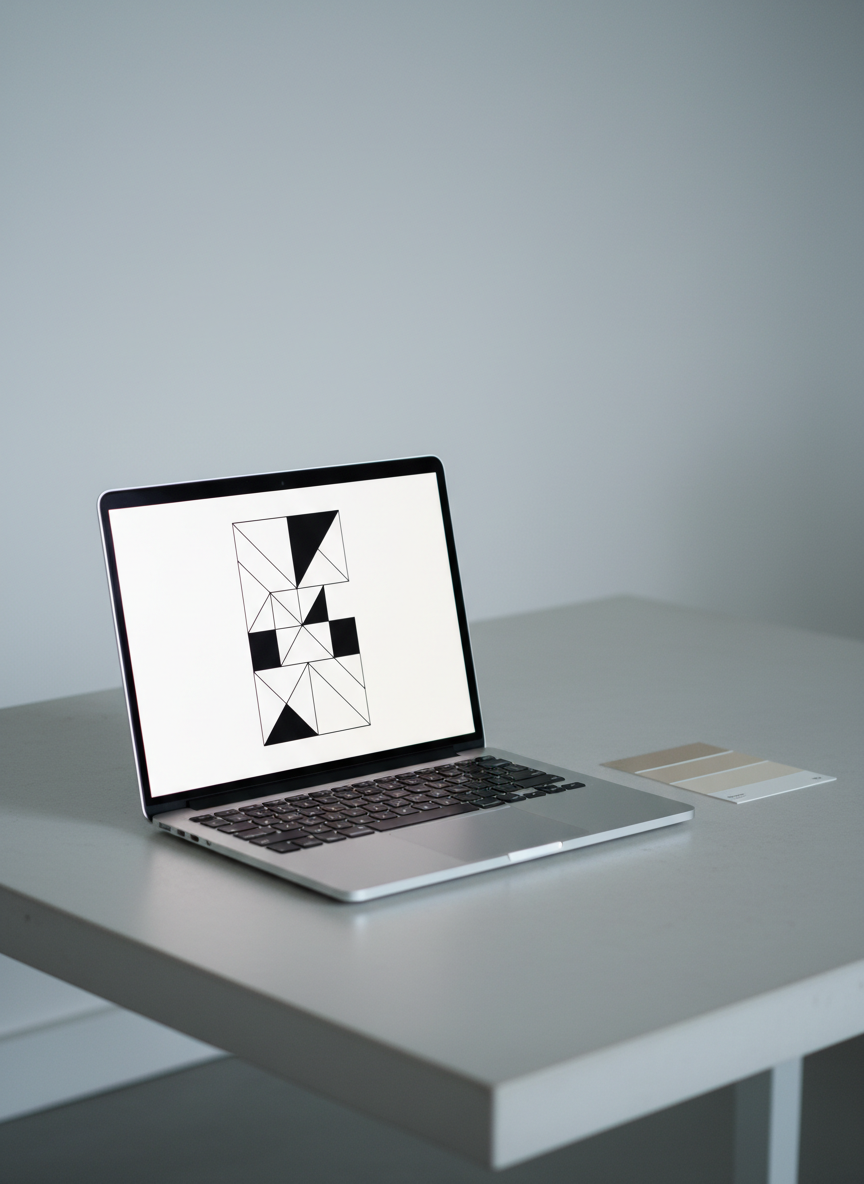 A pristine, ultra-thin silver laptop open on a pale concrete desk, its high-resolution screen displaying a minimalist black-and-white geometric poster design with ample negative space. Beside it rests a single square color swatch card in muted beige, positioned deliberately to echo the on-screen composition. The background fades into a soft blur of light grey wall, completely bare. Cool, even studio lighting creates subtle reflections on the metal surface and crisp shadows along edges. Photographic realism, eye-level composition with rule-of-thirds framing, conveying a clean, modern graphic design studio. The atmosphere feels quiet, intentional, and highly curated, communicating a sophisticated portfolio environment.