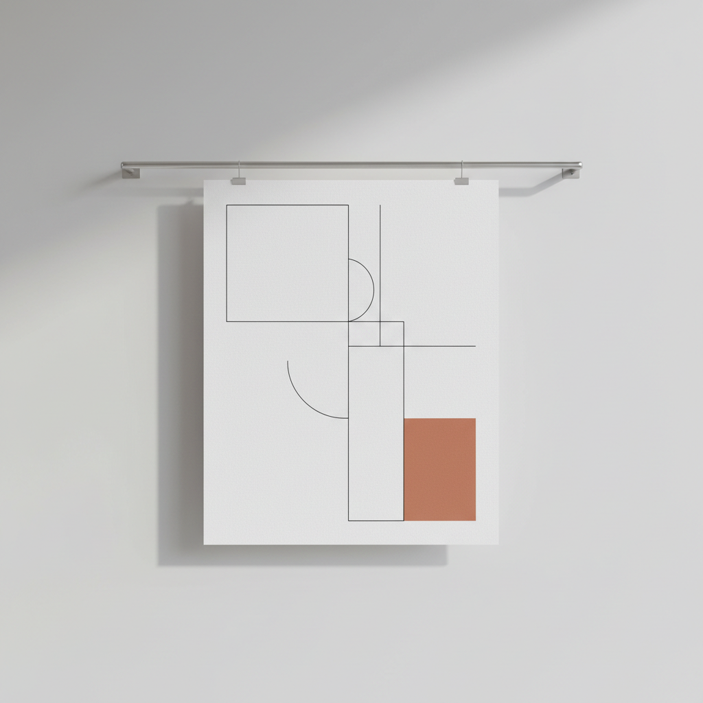 A single A3-sized poster mockup clipped to a slim, brushed-aluminum rail on a seamless light-grey wall. The poster features an abstract, minimalist layout: thin black lines, generous white space, and a single muted terracotta rectangle. The paper has a slightly textured, uncoated finish, catching soft afternoon light that enters from the left, producing a faint shadow of the rail and poster onto the wall. Photographic realism, shot straight-on with sharp focus throughout, placing the poster perfectly centered in the frame. The mood is calm and elevated, like a gallery presentation of graphic work, emphasizing clarity, hierarchy, and the “less is more” philosophy of sophisticated design.