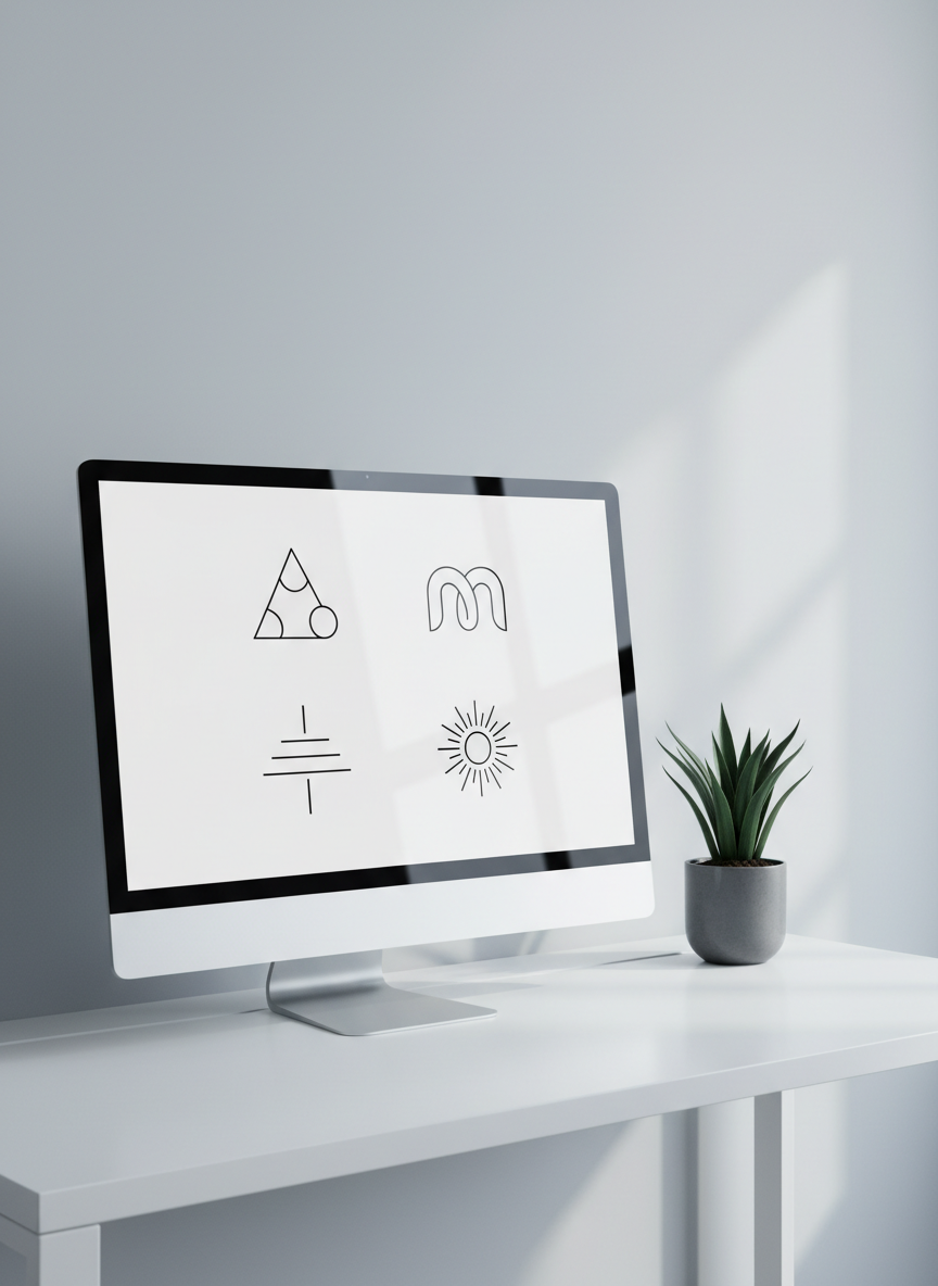 A large, frameless monitor on a minimalist white desk displays a grid of four ultra-clean logo concepts, each composed of thin lines and simple shapes in black on a white background. Next to the monitor, a single, small potted plant with structured, dark green leaves introduces a controlled hint of color. The wall behind is smooth and pale, with no decoration. Cool, indirect daylight from the right creates soft reflections on the screen and a measured gradient on the wall. Photographic realism, slightly off-center composition using rule of thirds, conveying an elegant, contemporary workspace. The overall atmosphere is focused and sophisticated, showcasing disciplined, minimalist graphic design thinking.