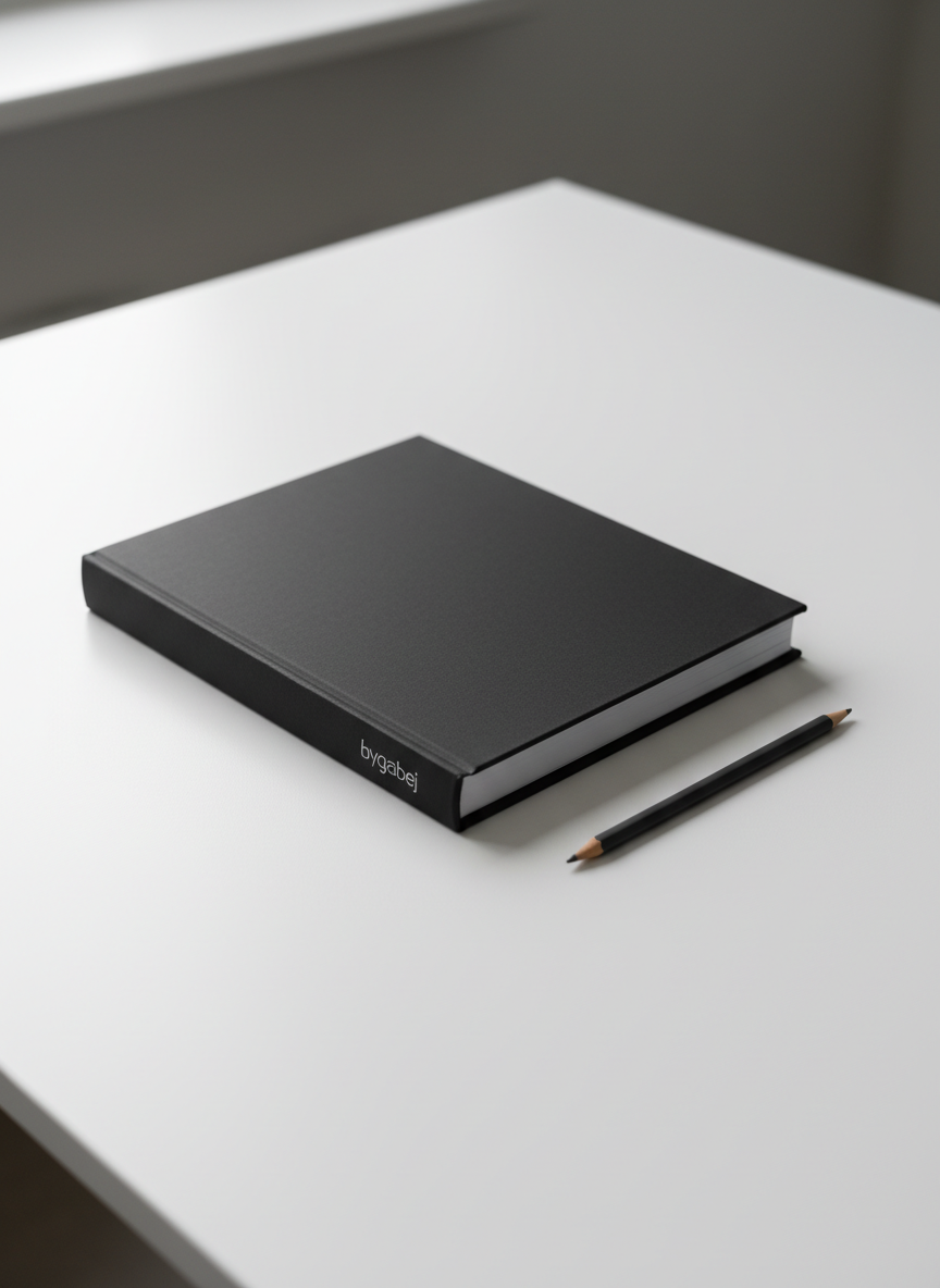 A sleek, matte-black hardcover portfolio book lying closed on a flawless white tabletop, its spine embossed subtly with the word “bygabej” in small, crisp silver type. Around it, the surface is almost entirely empty, interrupted only by a single, thin graphite pencil aligned perfectly parallel to the book’s edge. Soft, diffused daylight from an unseen window washes across the scene, creating gentle gradients on the black cover and a delicate shadow line beneath the objects. Photographic realism, shot from a slightly elevated, centered angle with a shallow depth of field, emphasizing calm, precise minimalism. The mood is sophisticated and restrained, embodying “less is more” graphic design sensibility.