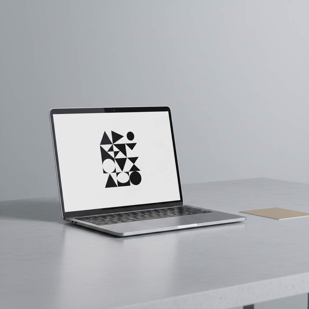 A pristine, ultra-thin silver laptop open on a pale concrete desk, its high-resolution screen displaying a minimalist black-and-white geometric poster design with ample negative space. Beside it rests a single square color swatch card in muted beige, positioned deliberately to echo the on-screen composition. The background fades into a soft blur of light grey wall, completely bare. Cool, even studio lighting creates subtle reflections on the metal surface and crisp shadows along edges. Photographic realism, eye-level composition with rule-of-thirds framing, conveying a clean, modern graphic design studio. The atmosphere feels quiet, intentional, and highly curated, communicating a sophisticated portfolio environment.