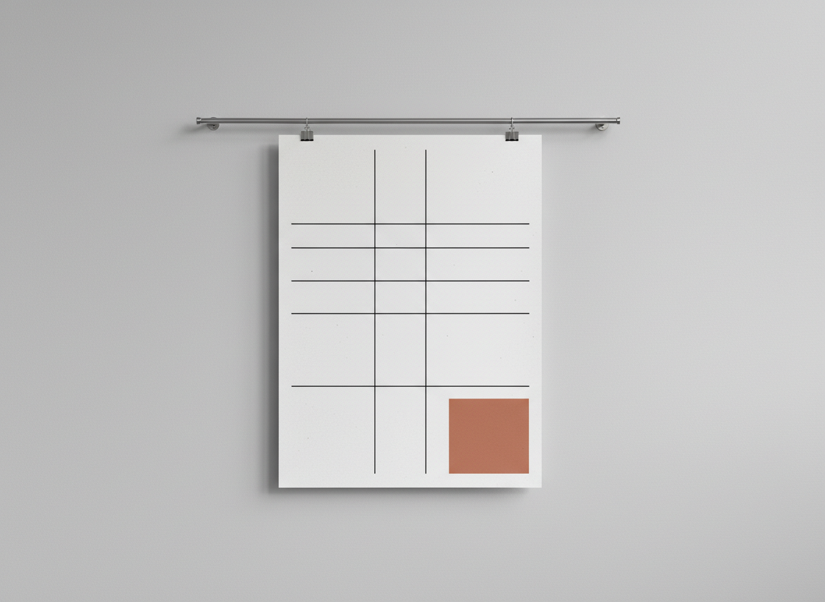 A single A3-sized poster mockup clipped to a slim, brushed-aluminum rail on a seamless light-grey wall. The poster features an abstract, minimalist layout: thin black lines, generous white space, and a single muted terracotta rectangle. The paper has a slightly textured, uncoated finish, catching soft afternoon light that enters from the left, producing a faint shadow of the rail and poster onto the wall. Photographic realism, shot straight-on with sharp focus throughout, placing the poster perfectly centered in the frame. The mood is calm and elevated, like a gallery presentation of graphic work, emphasizing clarity, hierarchy, and the “less is more” philosophy of sophisticated design.